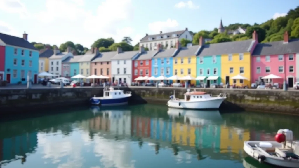 Colorful Victorian buildings lining Cobh harbour with waterfront views and historic architecture